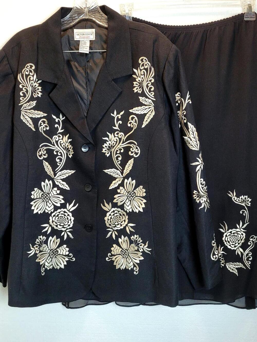 Victor Costa Black Embroidered Skirt Jacket Church Suit Womens Plus Size 2X